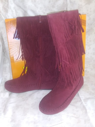 Neu Burgunderrot Mokassin Fransen Flach Stiefel Halbhoch Kniehoch 3-lagig mit Reißverschluss Gr. 9