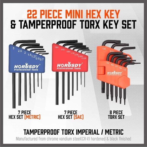 22 Piece Mini Hex Key Allen Wrench Set - Hex/Torx, Metric/SAE (3-IN-ONE, Cr-V) - Picture 2 of 8