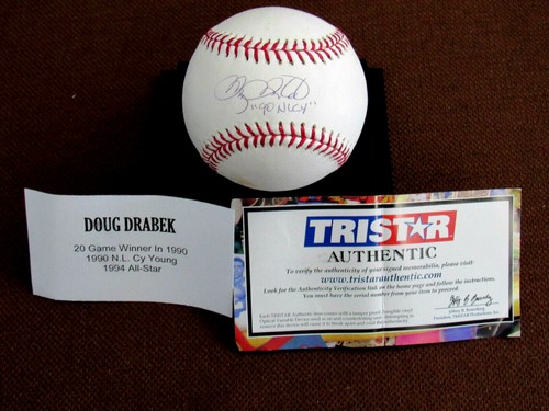 DOUG DRABEK 1990 NL CY JÓVENES PIRATAS ASTROS FIRMADO AUTOMÁTICO OML BÉISBOL TRISTAR - Imagen 1 de 4