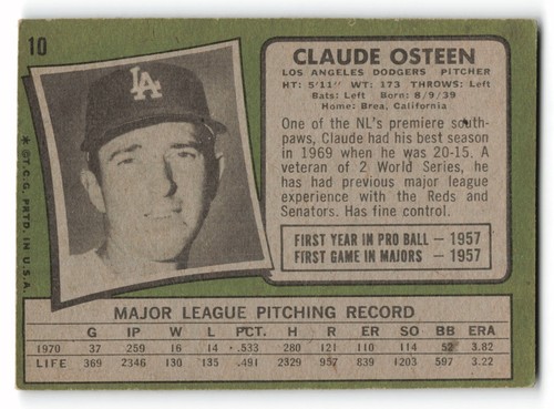 1971 Topps #10 CLAUDE OSTEEN Los Angeles Dodgers NICE CARD !!! - Picture 2 of 2