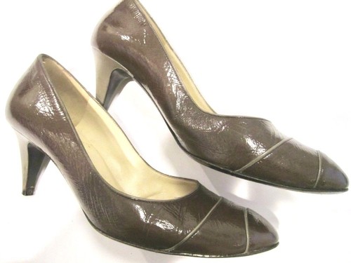 Vintage BRUNO MAGLI brown gray patent leather PUMPS HEELS dust cover BOX 38 US 8 - Picture 6 of 9
