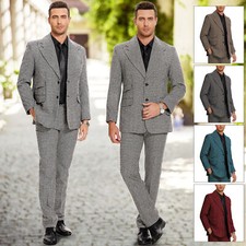 Fashion Houndstooth Mens Jacket with Belt Double Breasted 2 Buttons Regular Coat