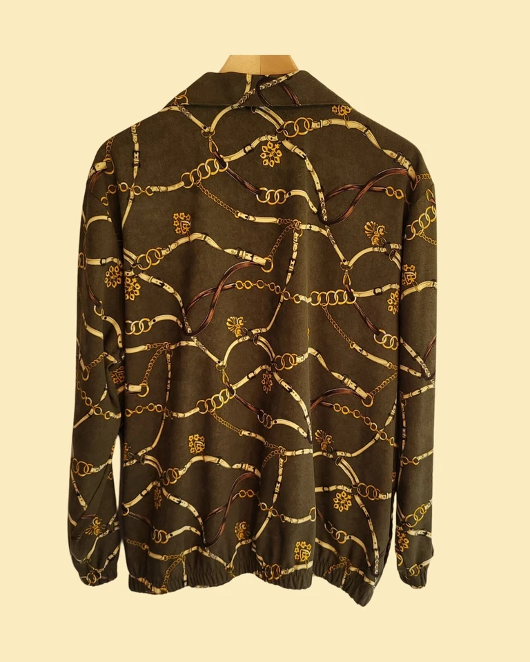 Chaqueta Bomber Vintage Años 80 Estampado de Cadena Para Mujer Grande Verde Cuello Retro Foto 3 de 4