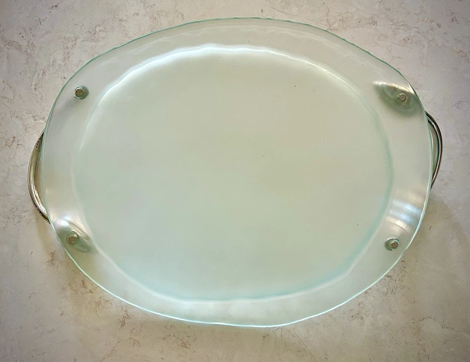 "Hermosa bandeja de cristal verde claro esmerilado MICHAEL ARAM con asas de tulipán 17""x13""" Foto 2 de 4