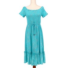 Michael Kors Women Turquoise Foil Off The Shoulder Smocked Midi Dress Size S