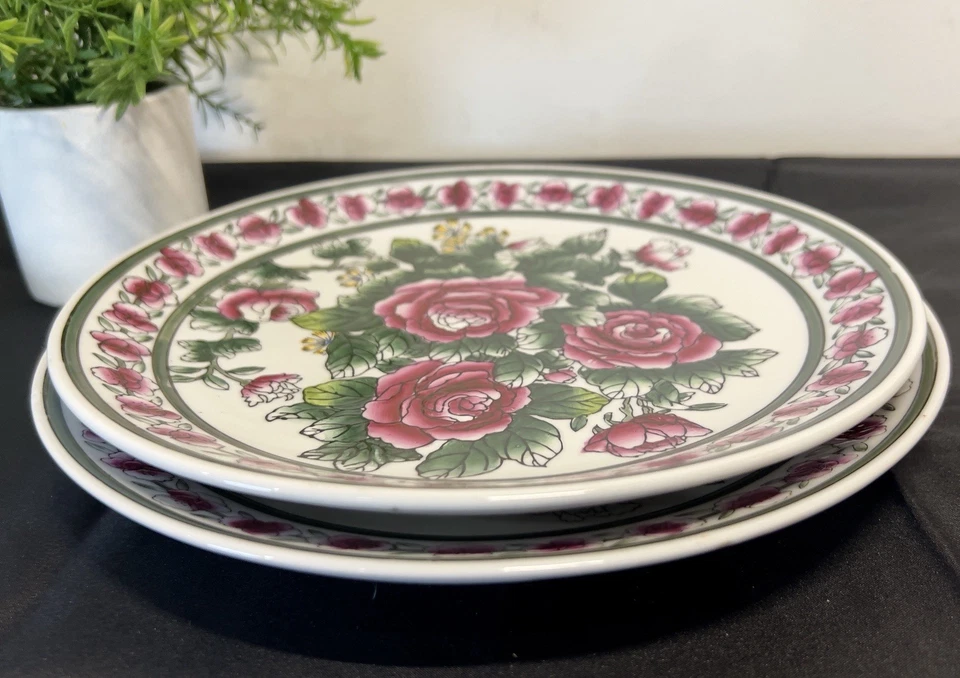 2 platos decorativos grandes vintage de cerámica con rosas rosadas Foto 4 de 4