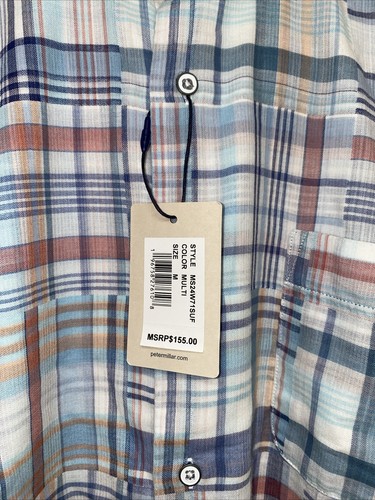 PETER MILLAR Medium GOLF CABANA MADRAS Cotton Sport Shirt Blue White Red $155 - Picture 14 of 16