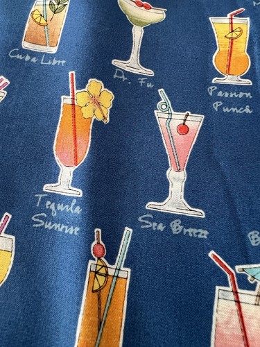 Tori Richard Hawaiian Tiki Fabric Blue W/a Variety Of Different Cocktail Drinks - Picture 2 of 12