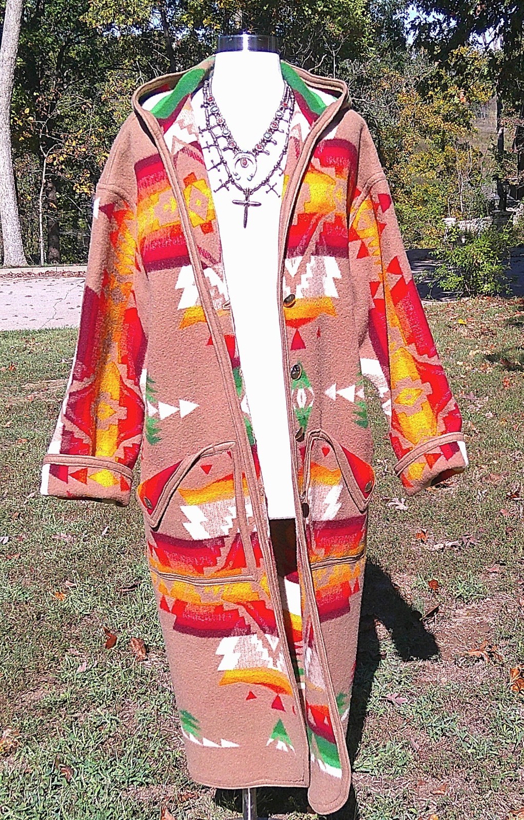 Handmade Wool Pendleton Beige Blanket Maxi Jacket… - image 2