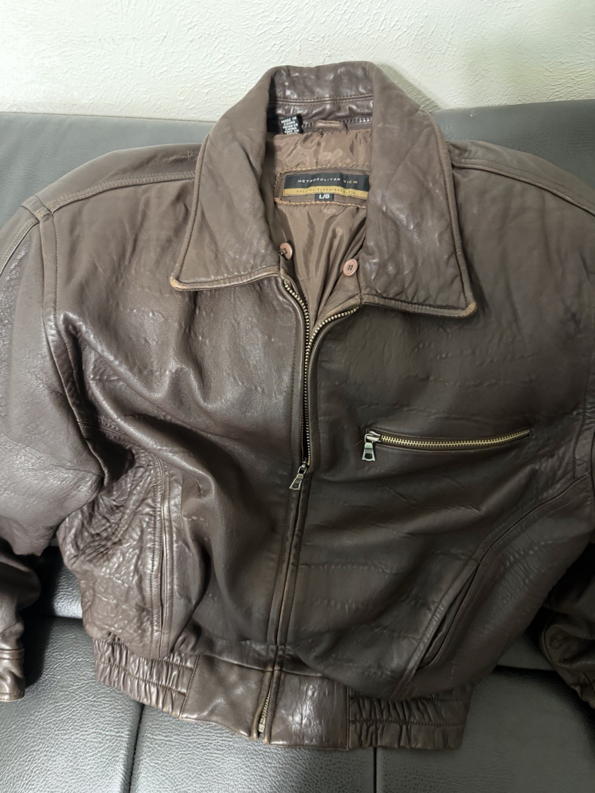 Metropolitan View Men's Brown Leather Bomber Jacket L/G Full Zip Lined Pockets