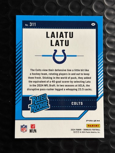 2024 Panini Optic - Rated Rookie Laiatu Latu #311 Pink Prizm (RC) Colts - Picture 2 of 2
