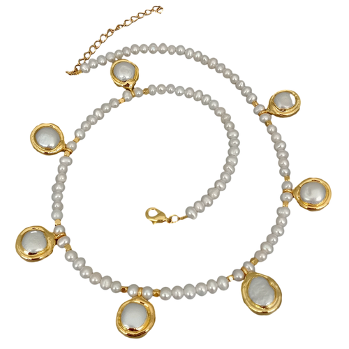 Freshwater Cultured White Pearl Necklace White Coin Pearl Charm 18.5"