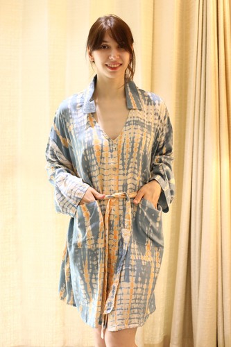 Schönes graues und orangefarbenes Batik Oversize Shirt Langarm Damen Kleid PS TD21 - Bild 8 von 10