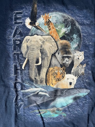 Y2K Earth Day Tier Natur Tiger Eisbär Wolf blau Shirt Gr. L Vintage - Bild 4 von 4