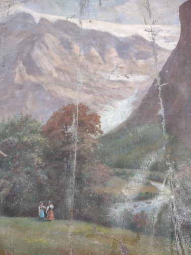 Antico Paesaggio Olio O/C Dipinto Oberland Svizzera Alpi 22 X 29” Sconosciuto - Foto 11 di 14