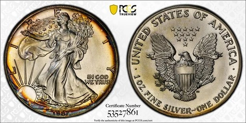 1987 American Silver Eagle Rainbow Toned - PCGS MS66 Rainbow Toned - A389