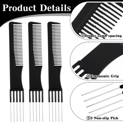Thinp 3 Packs Comb With Metal Pick,Teasing Comb Pick Comb Lifting Fluffing Co... - Picture 2 of 7