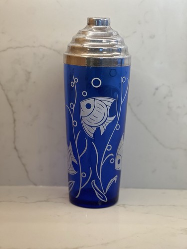 Hazel Atlas Kobaltblau Cocktail Shaker Sportsman Serie Engel Fisch Art Deco 30er - Bild 10 von 10