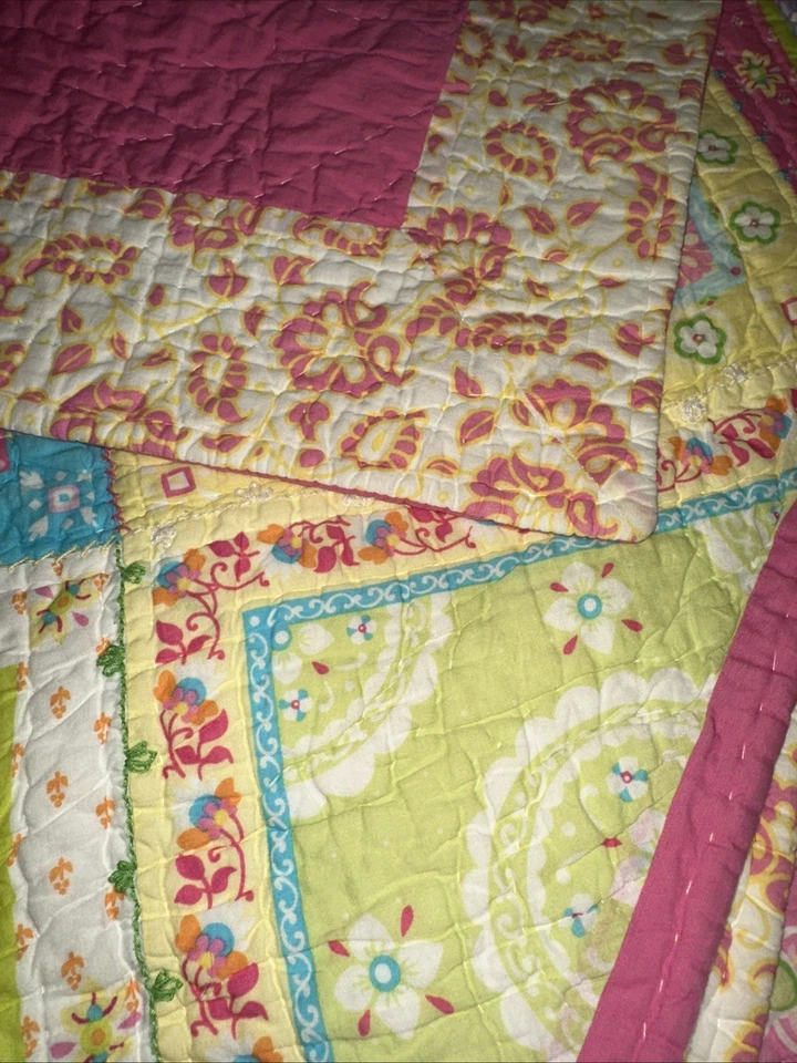 Vintage Pottery Barn Kid Quilt 90X86 F/Q Multicolor Patch Square Floral Set - Image 3 of 4