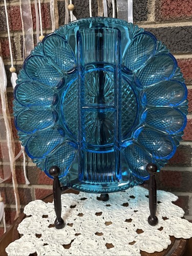 Vintage L.E. Smith Glass Blue Heritage Deviled Egg Relish Serving  Platter 11”