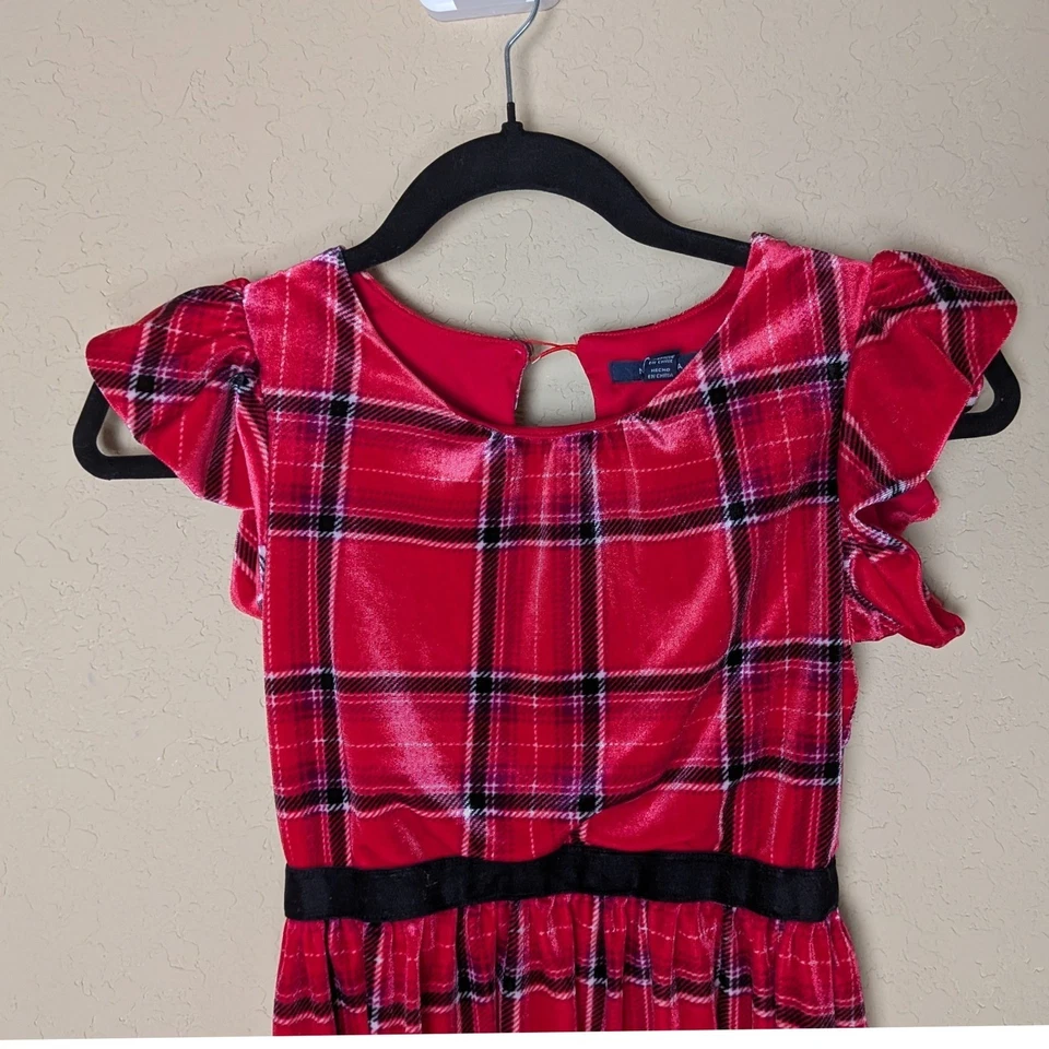 Nautica 女孩红色格子假日连衣裙 8/10 码丝绒飘动袖圣诞节 — 第 2/4 张图片