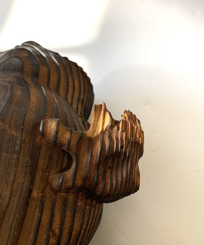 Antique Signed Japanese Cedar Hand Carved Toad Okimono Green Gold Eyes Good Luck - Picture 9 of 10