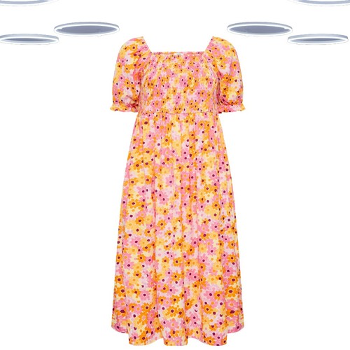 Ex Damen Midikleid Übergröße Blumenmuster gerafft in Rosa (Defekt)