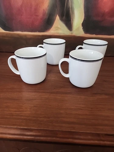 WILLIAMS SONOMA Open Kitchen White with BLACK RIM Bistro Coffee MUGS Set of 4