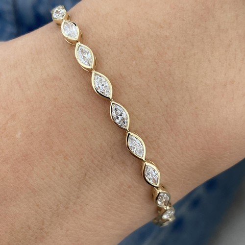 Marquise Lab-Created Diamond Tennis Bracelet 3.78ct F/VS 14K Yellow Gold - Picture 3 of 7
