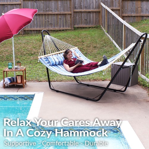 2-Person Quilted Hammock with Universal Steel Stand - Misty Beach by Sunnydaze - Picture 3 of 10