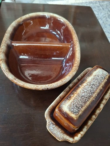 Hull Pottery Brown Drip Glaze Divided Dish & Butter Dish Oven Proof