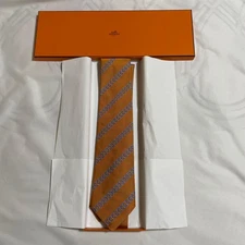 HERMÈS Orange Tie Silk Men Horseshoe Logo France 124413