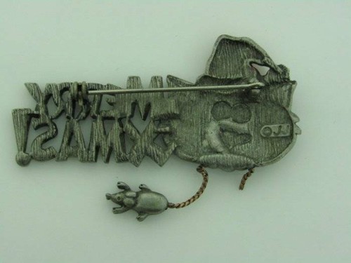 Christmas Cat & Mouse Pin JJ Jonette "Merry Christmas!" Silver Tone 97200 - Picture 7 of 10