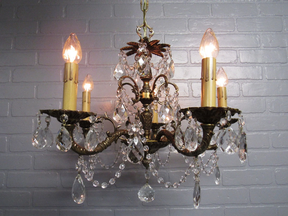 Vintage Spanish Brass Chandelier 5 Light Restored Crystal Prisms 32L