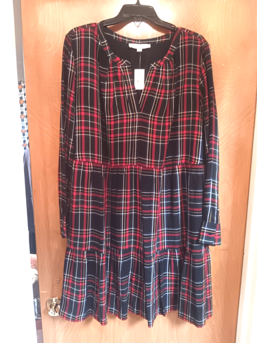 LOFT XL Red Black Green Plaid Dress Tiered Shift Dress Vee Neck NWT $89 Knee - Picture 2 of 16