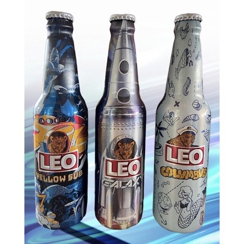 3 Leo Beer Empty Aluminum Bottles Thai Thailand Limited Edition Beers Collection