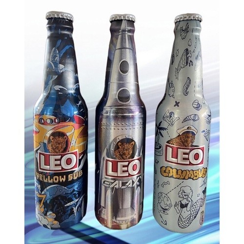 3 Leo Beer Empty Aluminum Bottles Thai Thailand Limited Edition Beers Collection - Picture 1 of 8