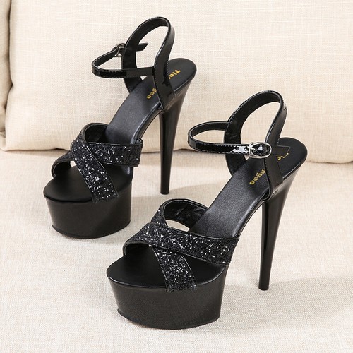 Sandali donna plateau tacco alto bling paillettes cinturino scarpe festa pompa moda - Foto 6 di 14