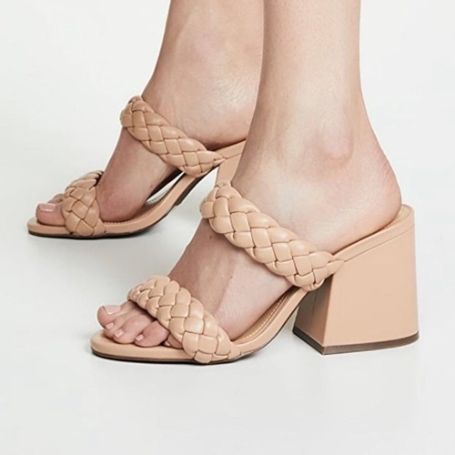 NEW SCHUTZ Size 8 Elida Braided Leather Chunky Heel Slide Sandals Honey Beige  - Picture 1 of 9