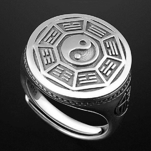 Bagua Balance Ring Adjustable Silver Vintage Yin Yang Symbol Gossip Lucky Ring - Picture 7 of 8