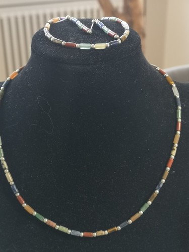 Silberfarbenes Schmuck-Set Vintage Halskette Armband Ohrringe echte Steine - Bild 3 von 13