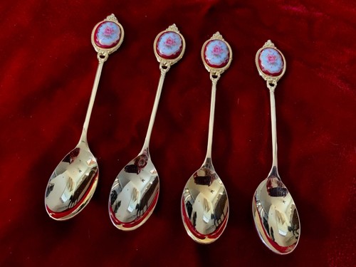 Serving Spoons 4 Victorian Red & Pink Flowers Stainless Steel Golden 5 1/4" New - Picture 4 of 6