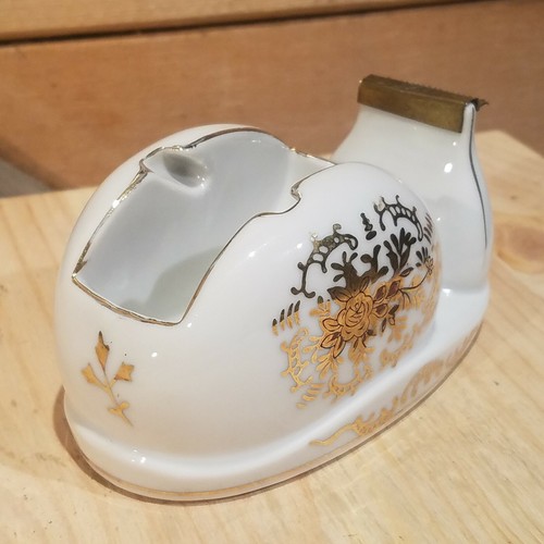 Porcelain Ceramic Tape Dispenser White w/Gold Floral Design Desk - Swanky Barn - Picture 5 of 12