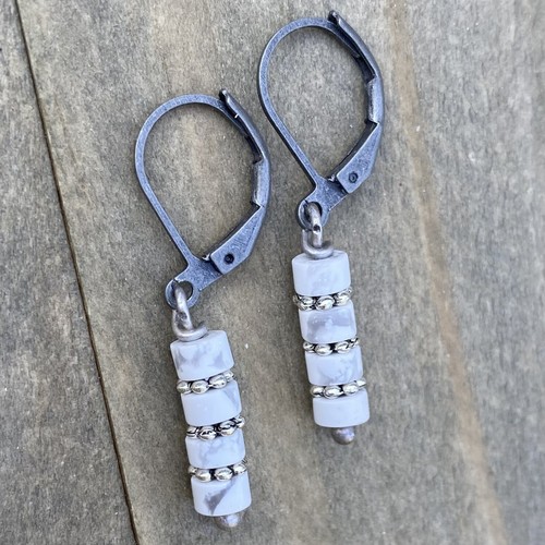 Min Favorit White Howlite, White Onyx & Oxidized Silver Pl Artisan Drop Earrings - Picture 3 of 4