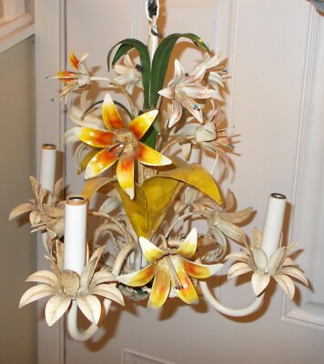 Vtg Italy Tole Painted Metal Hanging Light Fixture Fl Lily Flowers Garden Vtg Italy Tole Painted Metal Hanging, Metal Flower Hanging Lamp