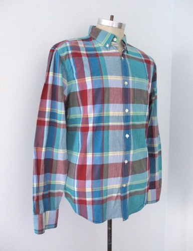 Camisa de oficina Old Marino Verde Rojo Amarillo a cuadros 100 % algodón Madrás calce ajustado L - Imagen 3 de 7