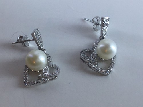 White Freshwater Pearl & White Simulated Diamonds Sterling Silver Earrings - Picture 6 of 6