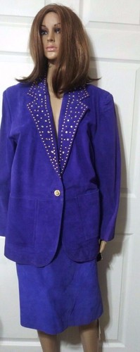 Women's two piece Leather Suit by Atlantic Beach Blue with Gold Buttons Size 18 - Picture 2 of 12