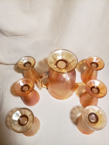 Pitcher and 6 Footed Cups Jeanette Marigold Crackle Carnival Glass Water Set - Picture 2 of 14