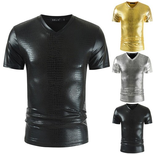 Men Metallic Shiny Short Sleeve T-shirt Showman Tops Shirt Dance Gilding Fashion - Picture 3 of 14